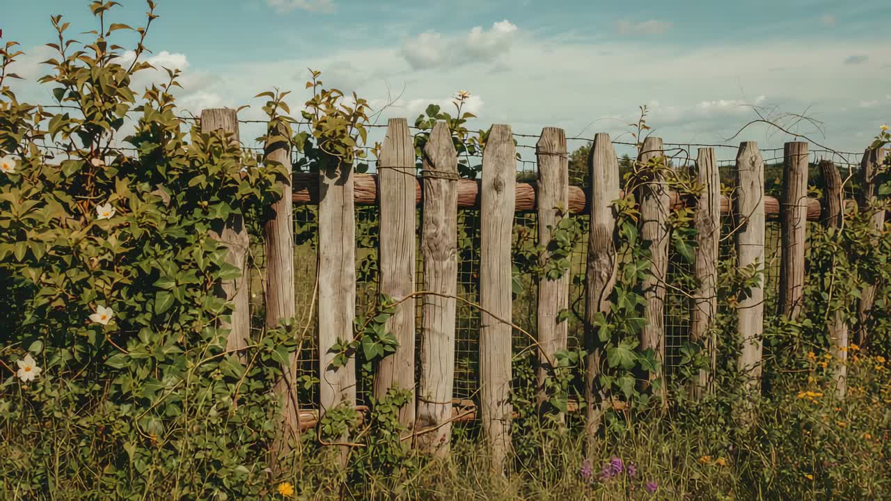 Panorerende kamera, der viser et gammelt træstakit ved markens kant og fremhæver trådnet og blomster