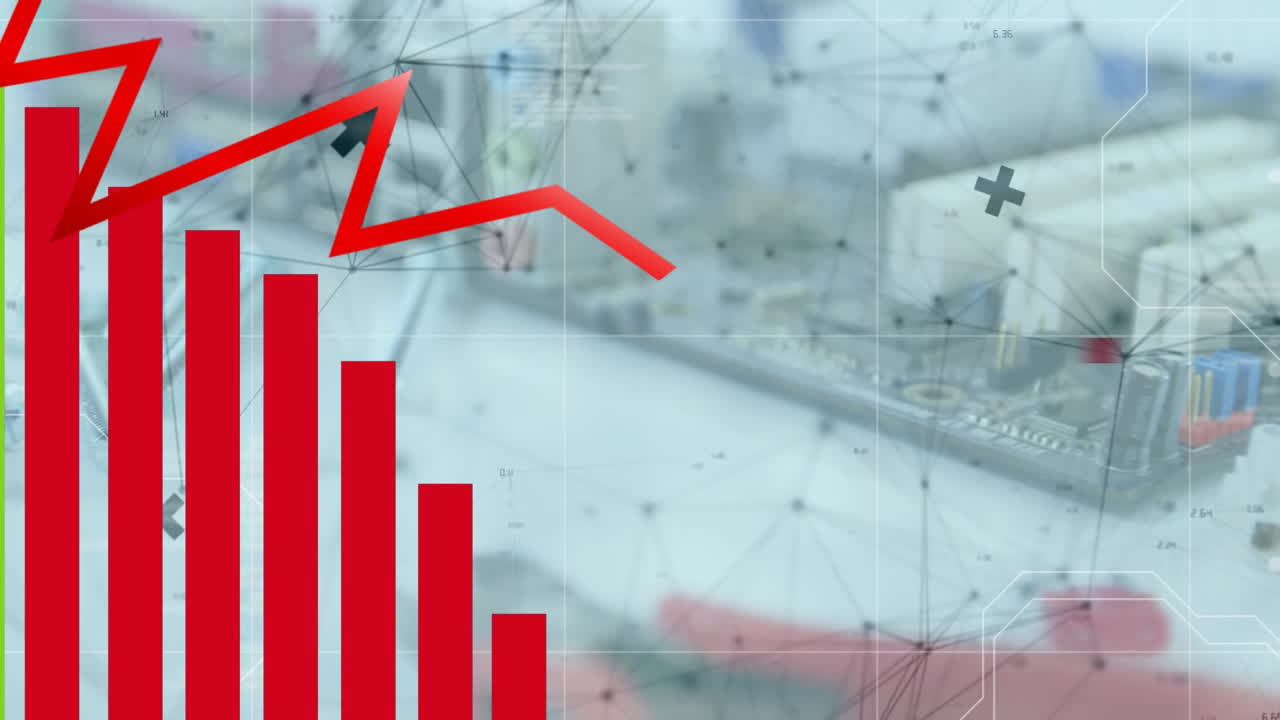 컴퓨터 부품을 통해 데이터와 연결 네트워크를 처리하는 빨간 그래프의 애니메이션