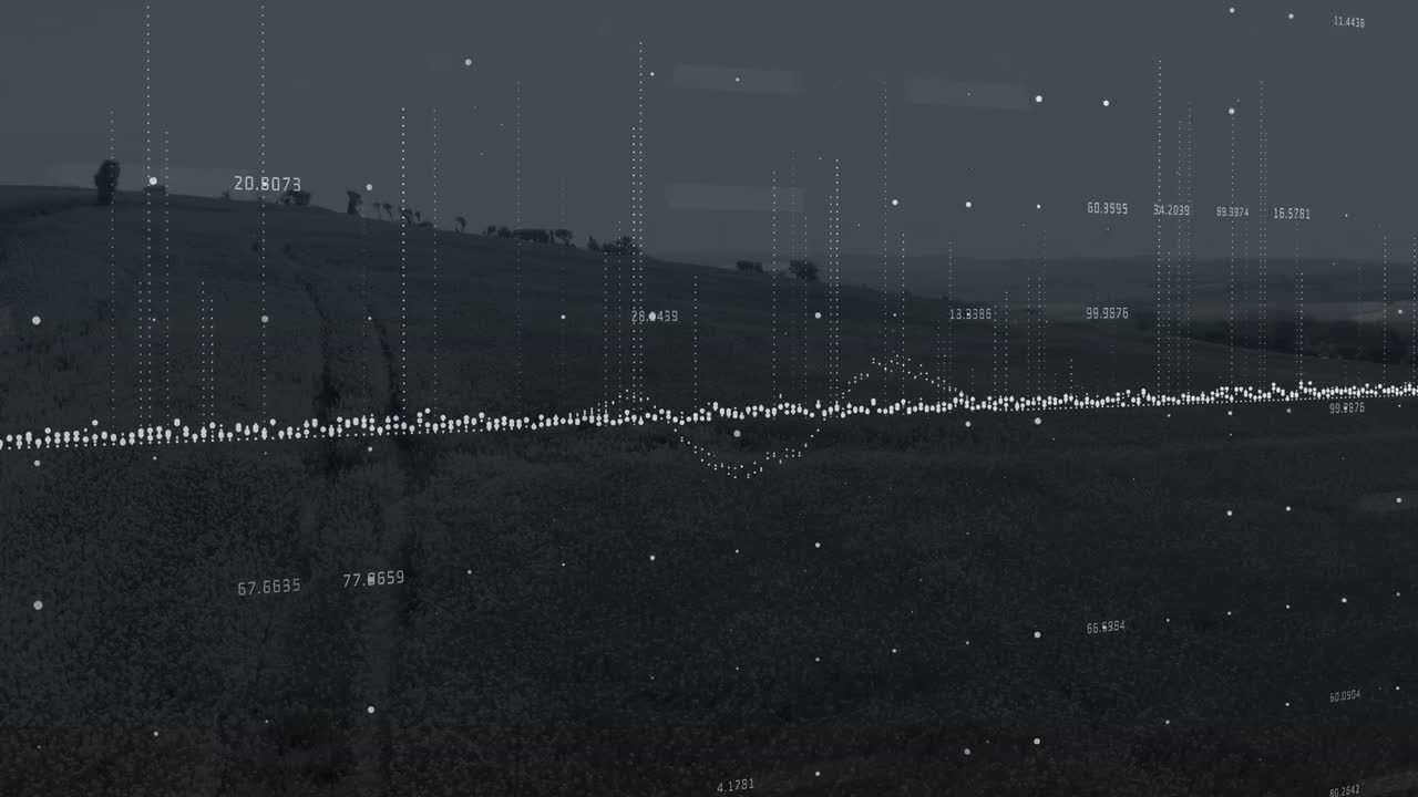 Animation of financial data processing over landscape