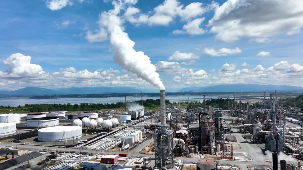 워싱턴에 있는 정유 공장에서 연기 굴뚝에 접근하는 드론 샷