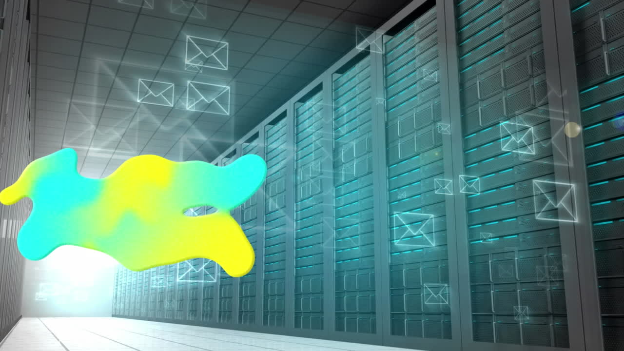 Animation of colorful stain and email icons over server room