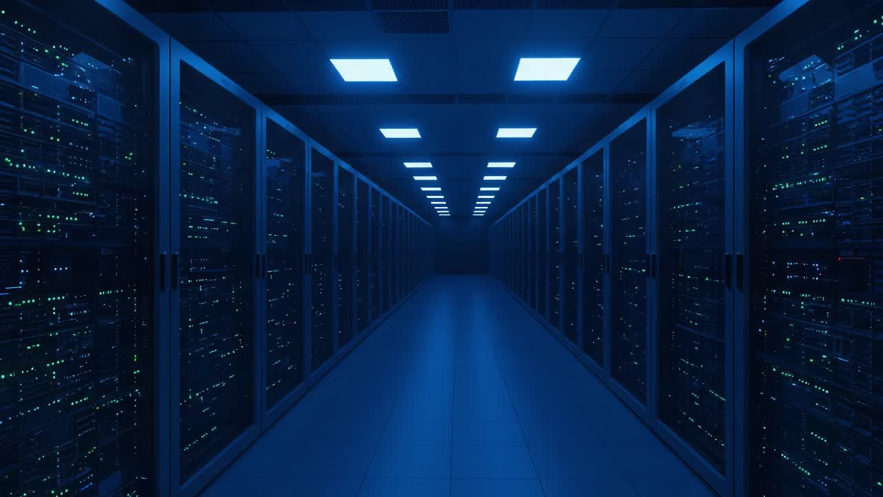 Uno sguardo a un moderno data center: rack di server illuminati e corridoi bui che creano un ambiente high-tech di potenza di calcolo e infrastruttura digitale.
