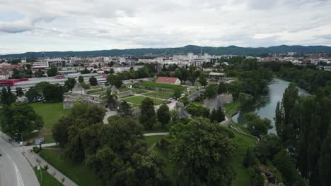 Remains-of-Kastel-fortress-in-Banja-Luka,-Bosnia-and-Herzegovina,-aerial-dolly