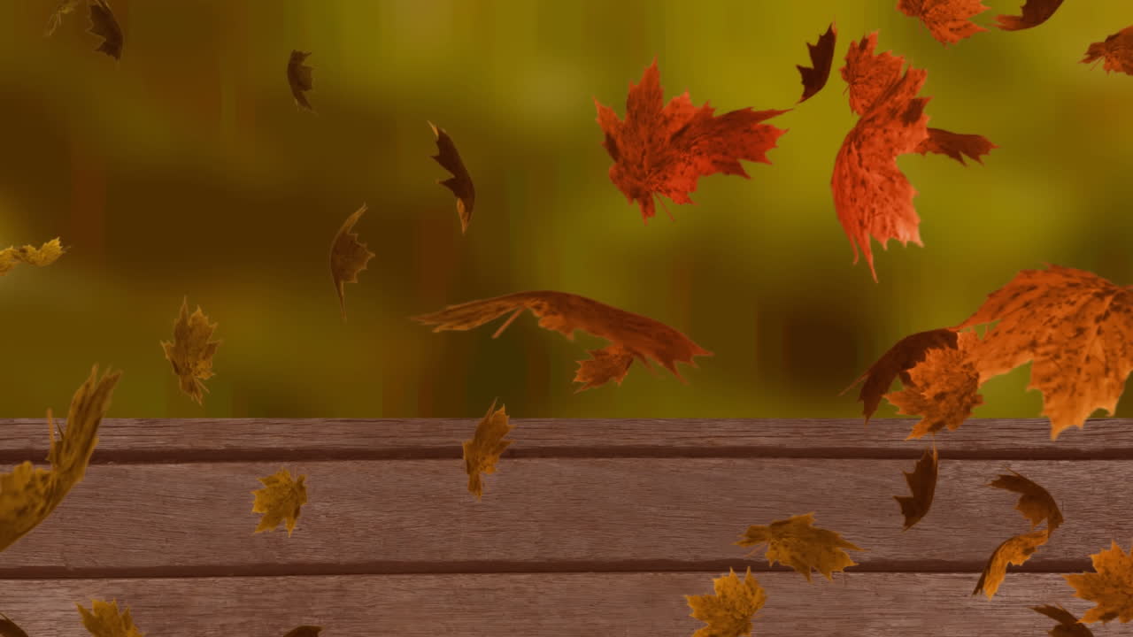 animación digital de múltiples hojas de otoño flotando sobre la superficie de madera contra el bosque