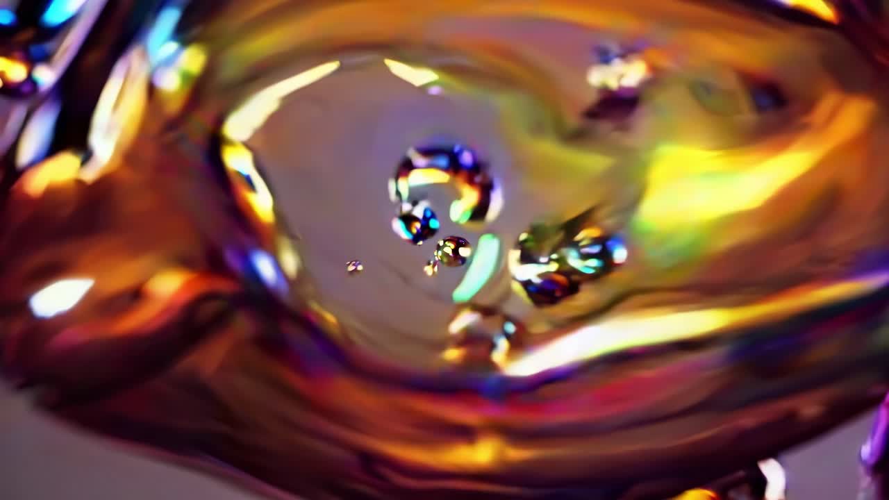 burbujas de jabón de colores flotando, chocando y fusionándose en un fondo oscuro, creando un espectáculo visual hipnótico con colores iridescentes