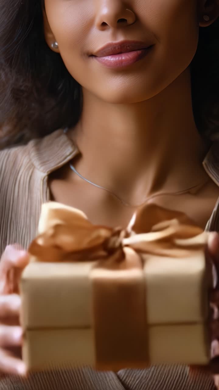 Una donna che tiene una scatola regalo con un bellissimo fiocco, catturando l'essenza della celebrazione e della gioia, sottolineando l'eleganza e l'attesa in ogni dettaglio