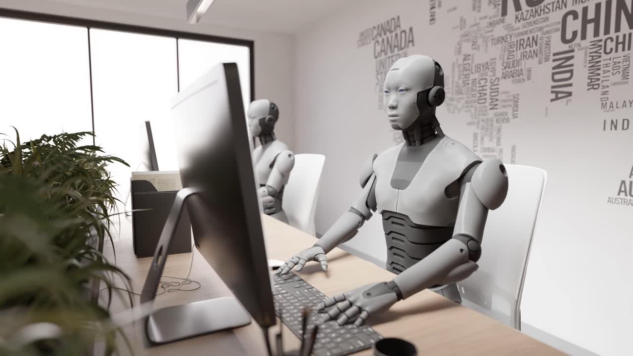 robot humanoid cyber sitting in office while chatting with customer on website and help care 3d rendering animation of chatbot with hud interface keyboard