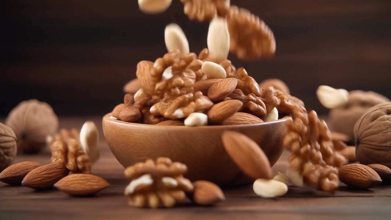 Assorted Nuts Falling into a Wooden Bowl on a Rustic Table
