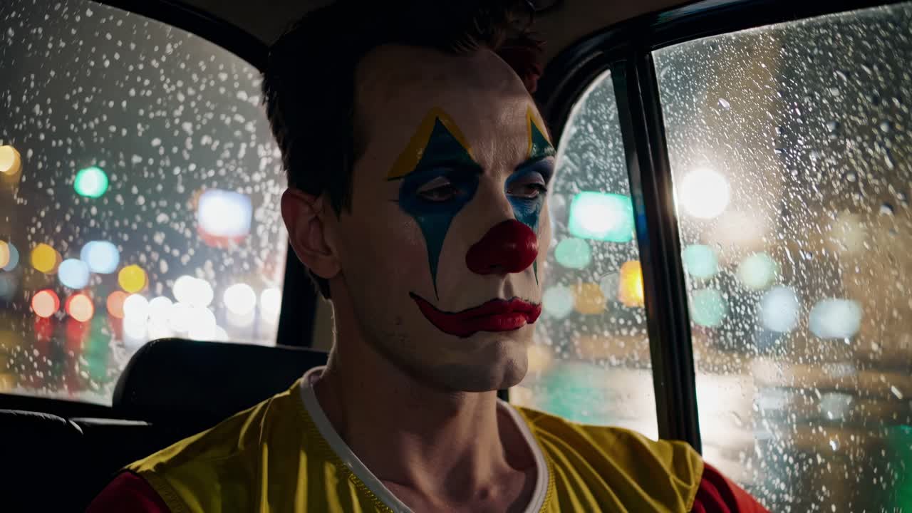Melancholic clown wearing vibrant theatrical makeup, gazing pensively through rain streaked car window with blurred urban nighttime lights softly glowing behind fragile reflection