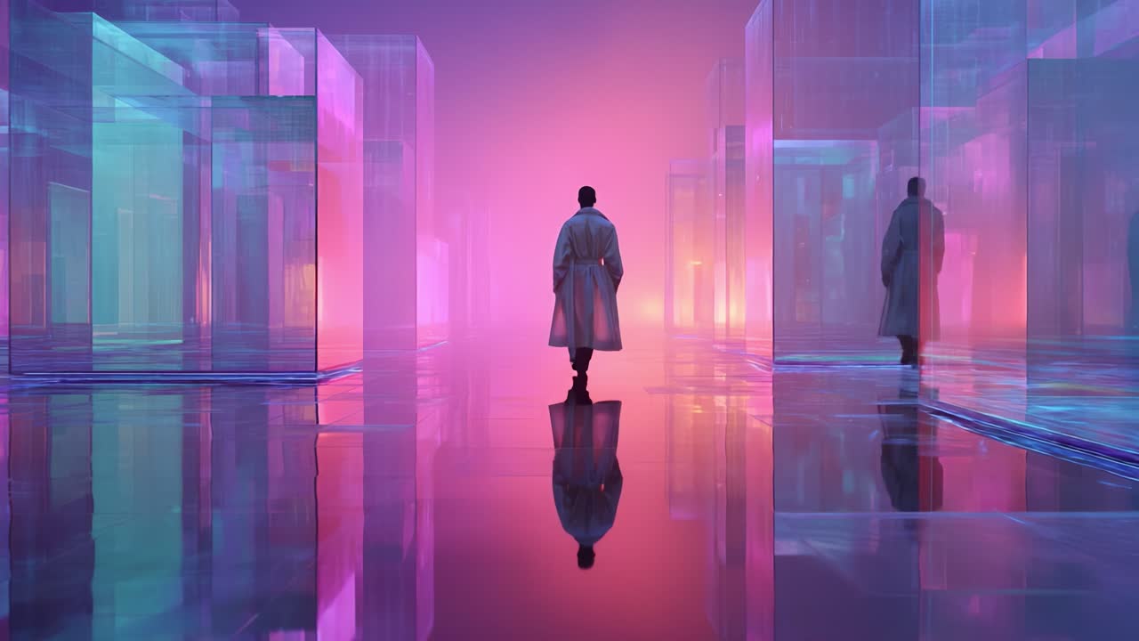 A man walking through a futuristic cityscape