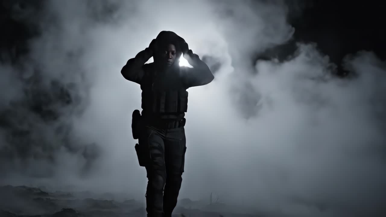 Woman in Tactical Gear in Smoky Environment