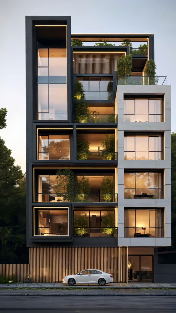 Modern architectural video concept featuring a low-angle view of sleek ...