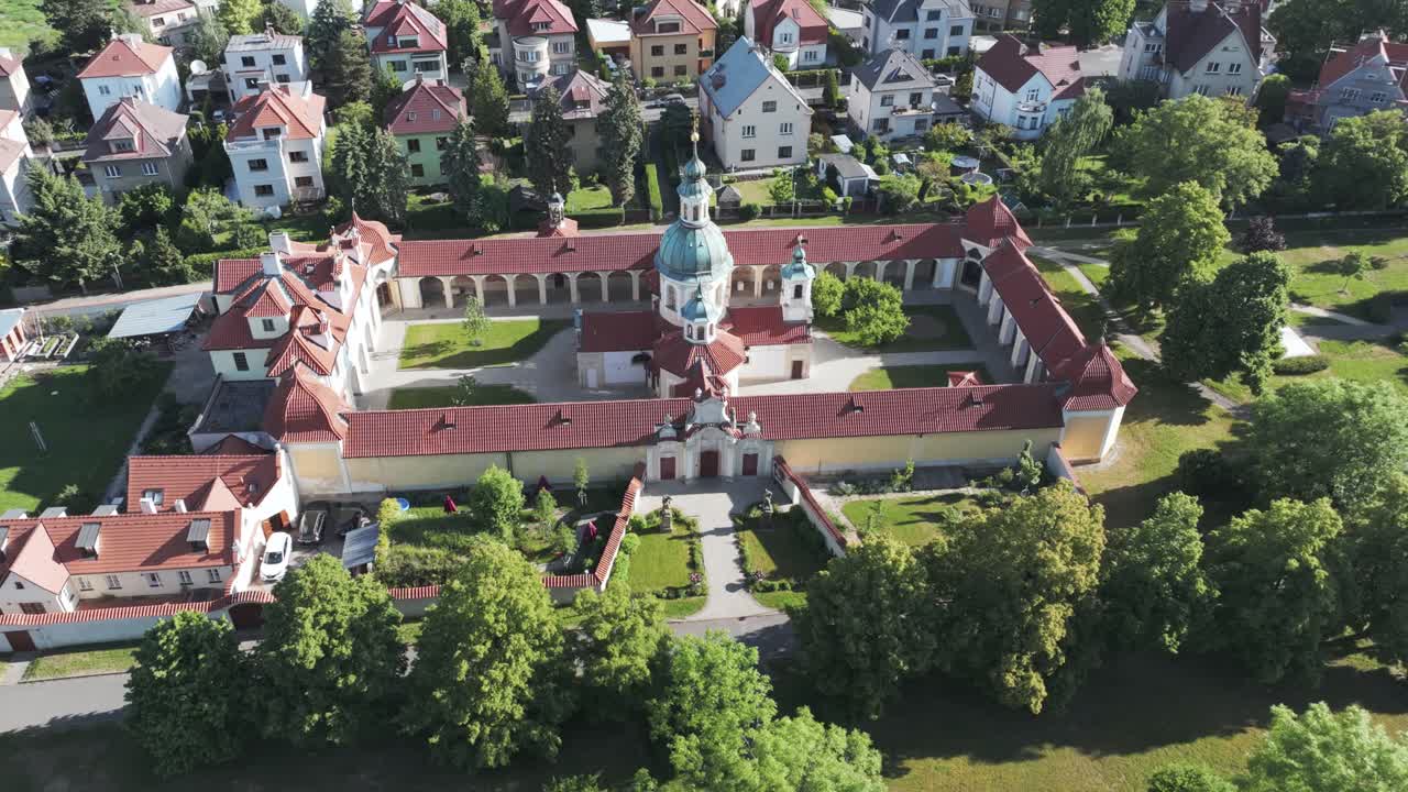 Aerial View, Church of Our Lady Victorious in B&iacute;l&aacute; Hora Neighborhood of Prague, Czech Republic, Drone Shot