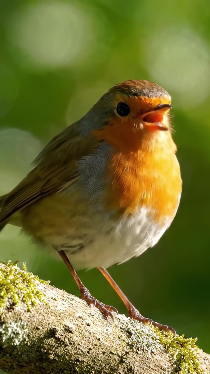 Un primo piano accattivante di un uccello vivace appollaiato con grazia su un ramo muschioso sotto una morbida luce naturale.