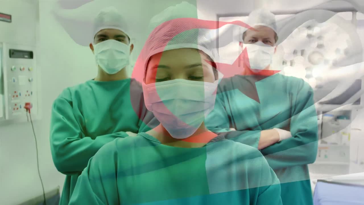 Animazione della bandiera dell'Algeria su medici multietnici con mascherine