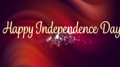 Animation-of-text-happy-independence-day-with-sparkles,-over-red-and-black-swirls