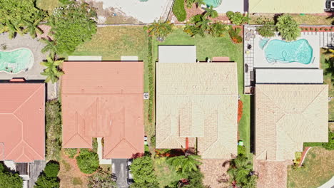 top down drone shot of american residential community, upscale homes with pools and streets