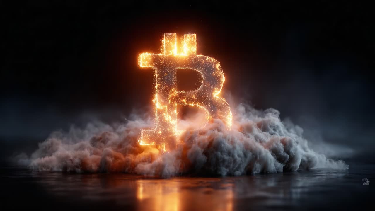 A glowing Bitcoin logo emerges from swirling clouds, radiating energy and excitement around cryptocurrency, representing the future of digital finance and innovation