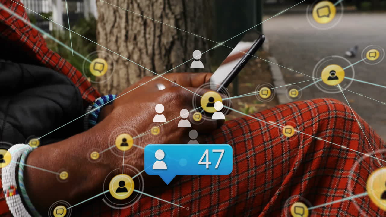 Using smartphone, person viewing animation of social media notifications overlay