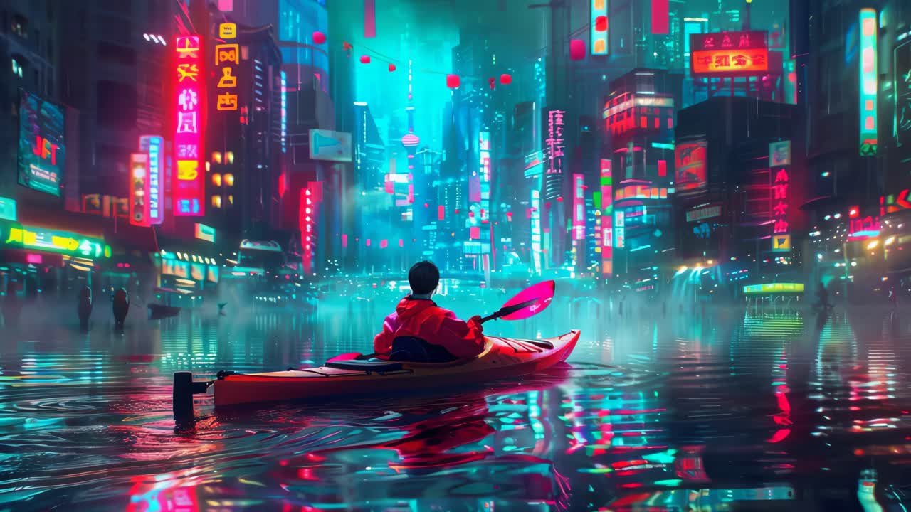 Kayaker in a Futuristic Neon City