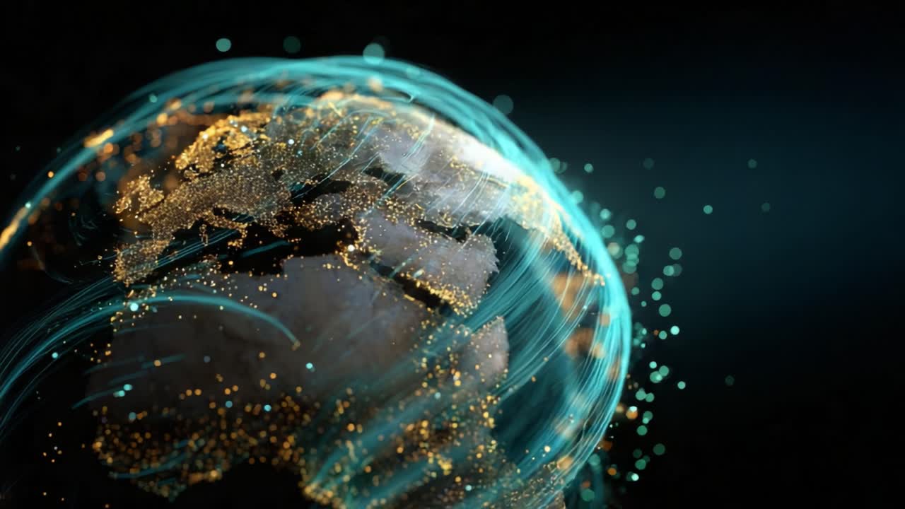 Futuristic planet Earth rotating with glowing city lights and swirling streams of data representing a global network, with Europe and Africa illuminated at night against a dark background