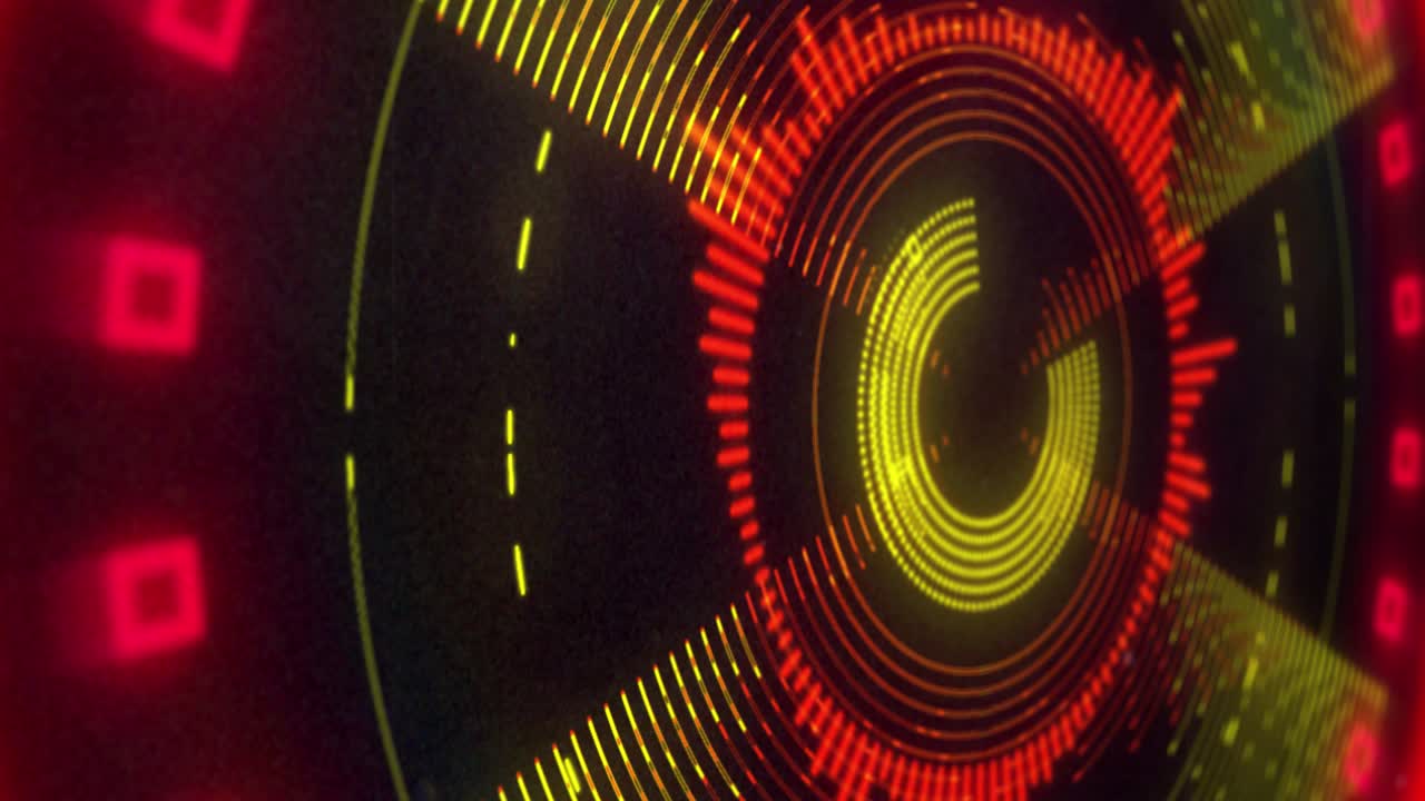 animazione di un display luminoso 3d circolare rosso e giallo che lampeggia e ruota su sfondo nero