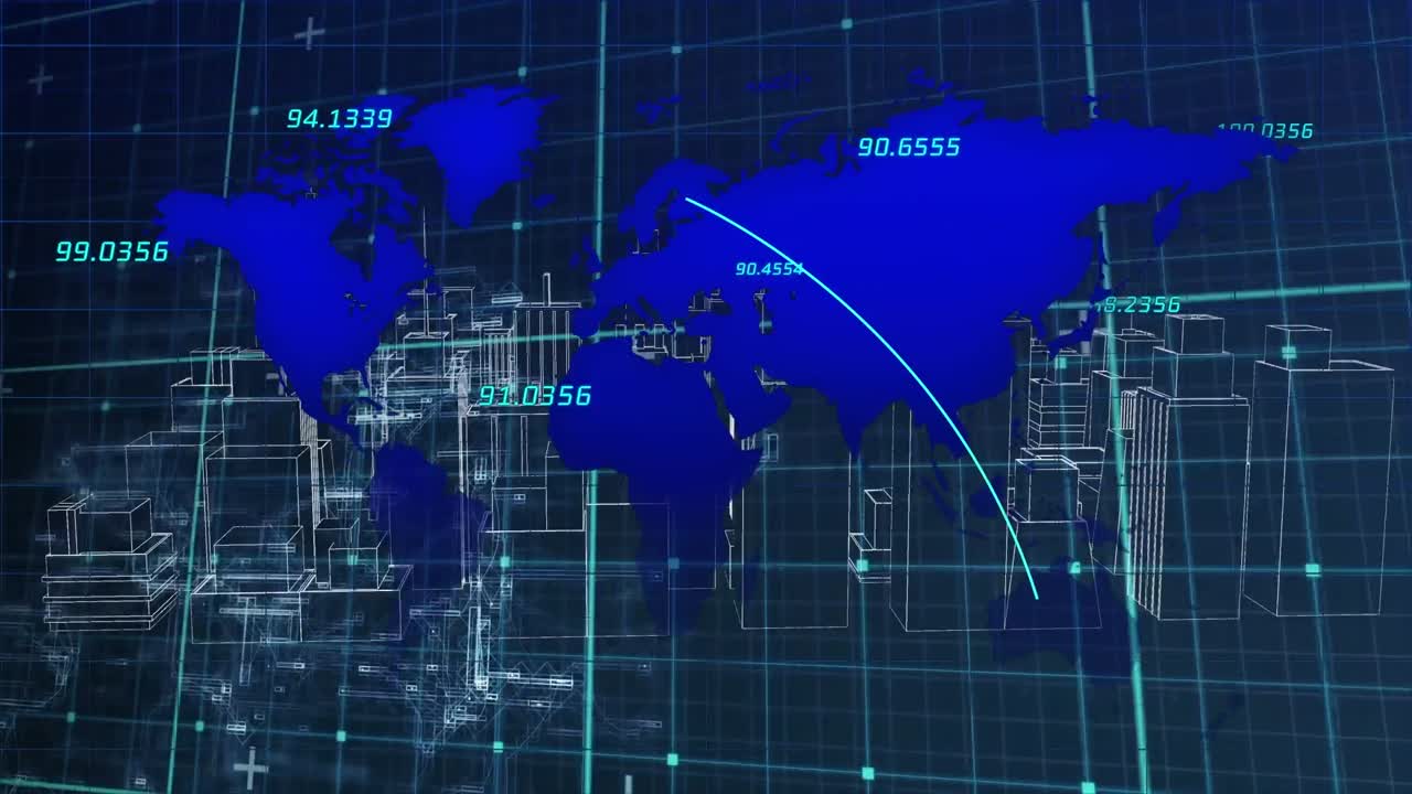 금융 데이터, 세계 지도 및 메타버스 도시 애니메이션, 해군 디지털 공간