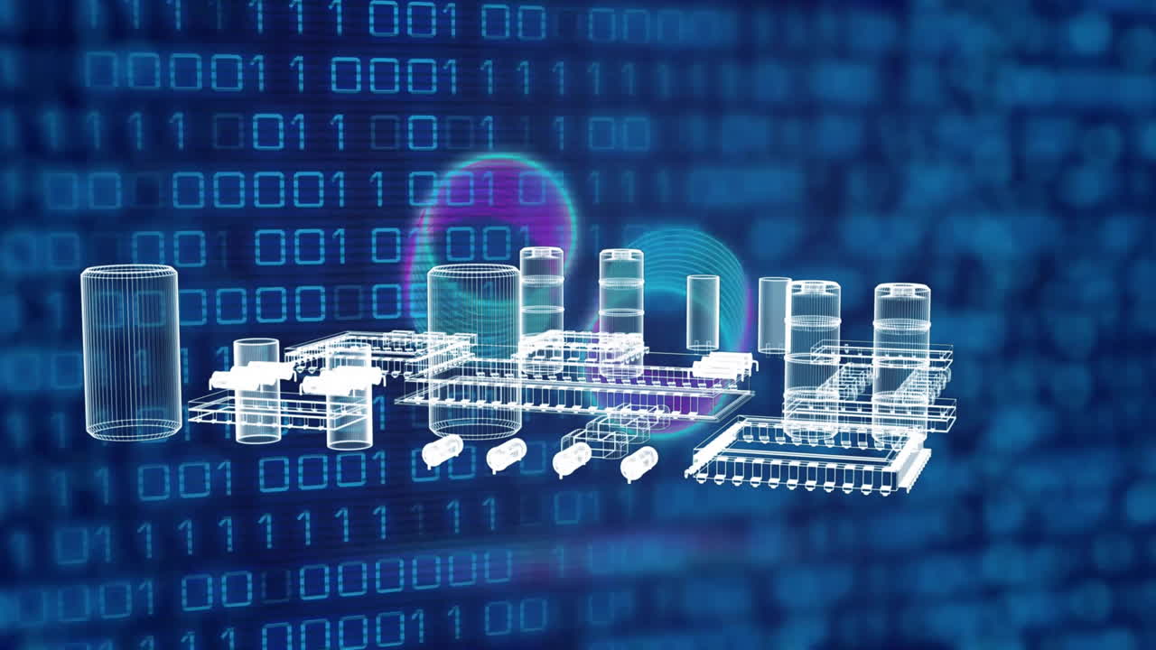 Animation of 3d model of electronic components and binary codes over abstract background