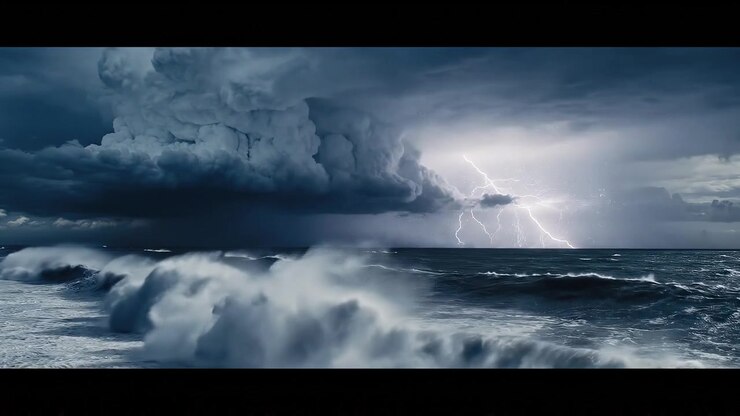 Dramatic stormy ocean waves under dark lightning clouds