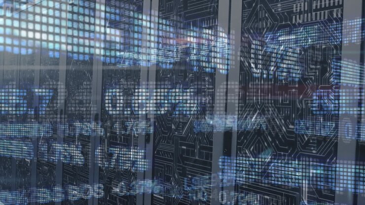 Digital animation of data flow in a server room, illustrating global internet network.