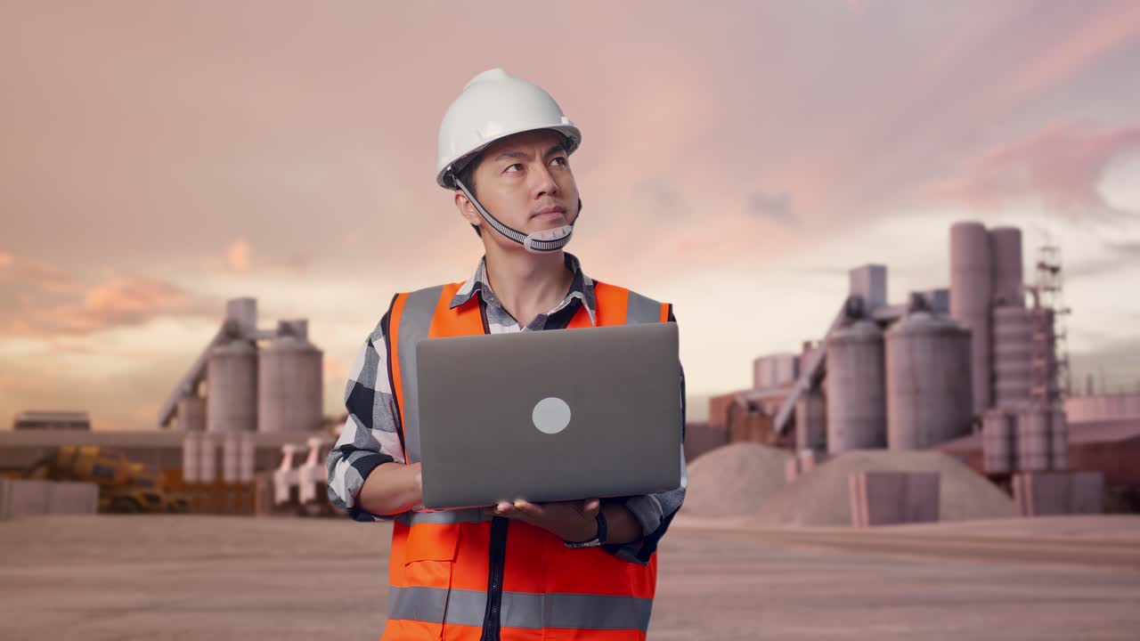 Asian Male Engineer With Safety Helmet Working On A Laptop And Looking Around While Standing at Industrial Cement Plant with Mixer Trucks at Sunset