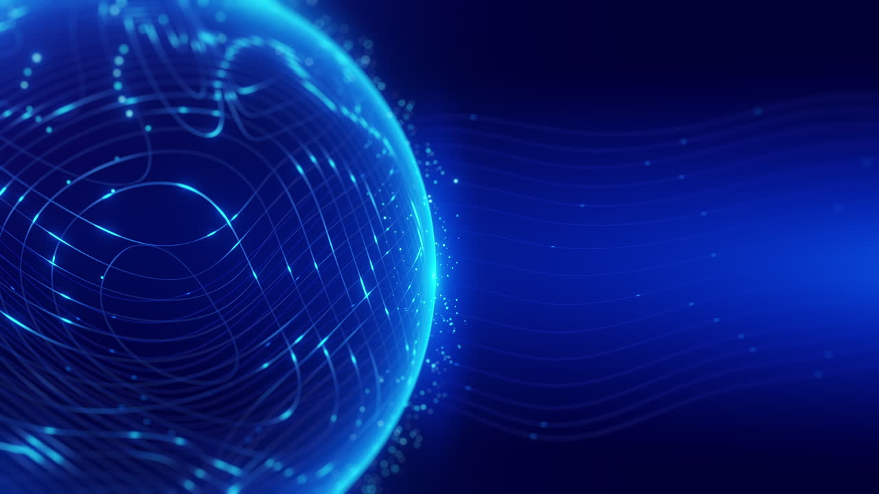 Sidevisning af glødende digital blå kugle med dynamiske lyslinjer på mørk baggrund, perfekt til teknologi, AI, globalt netværk, innovation og futuristiske koncepter.