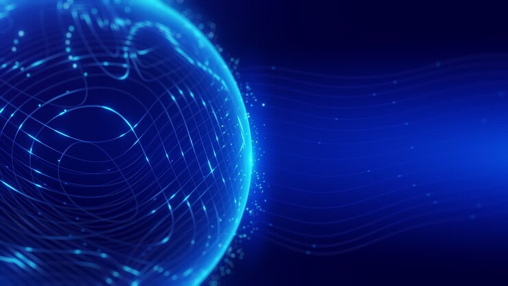 Vista laterale di una sfera digitale blu luminosa con linee di luce dinamiche su sfondo scuro, perfetta per concetti di tecnologia, IA, rete globale, innovazione e futurismo