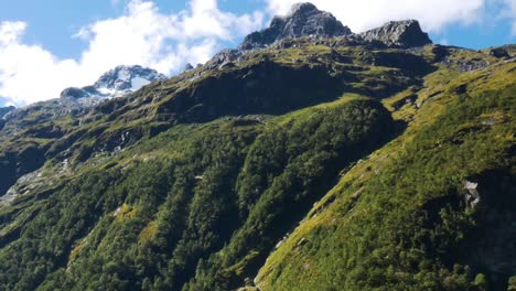 hermosas montañas verdes y cumbres nevadas durante la luz del sol en otoño - parque nacional fiordland, nz