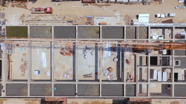 Aerial top-down perspective showing the foundation and early construction stages of a new residential building, with a crane moving across the site and materials being organized on the ground