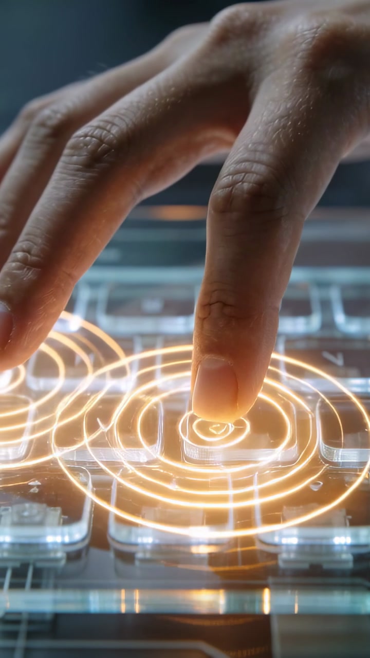 Vertical video: Pressing keys, hands creating orange rings on clear keyboard at desk for demo