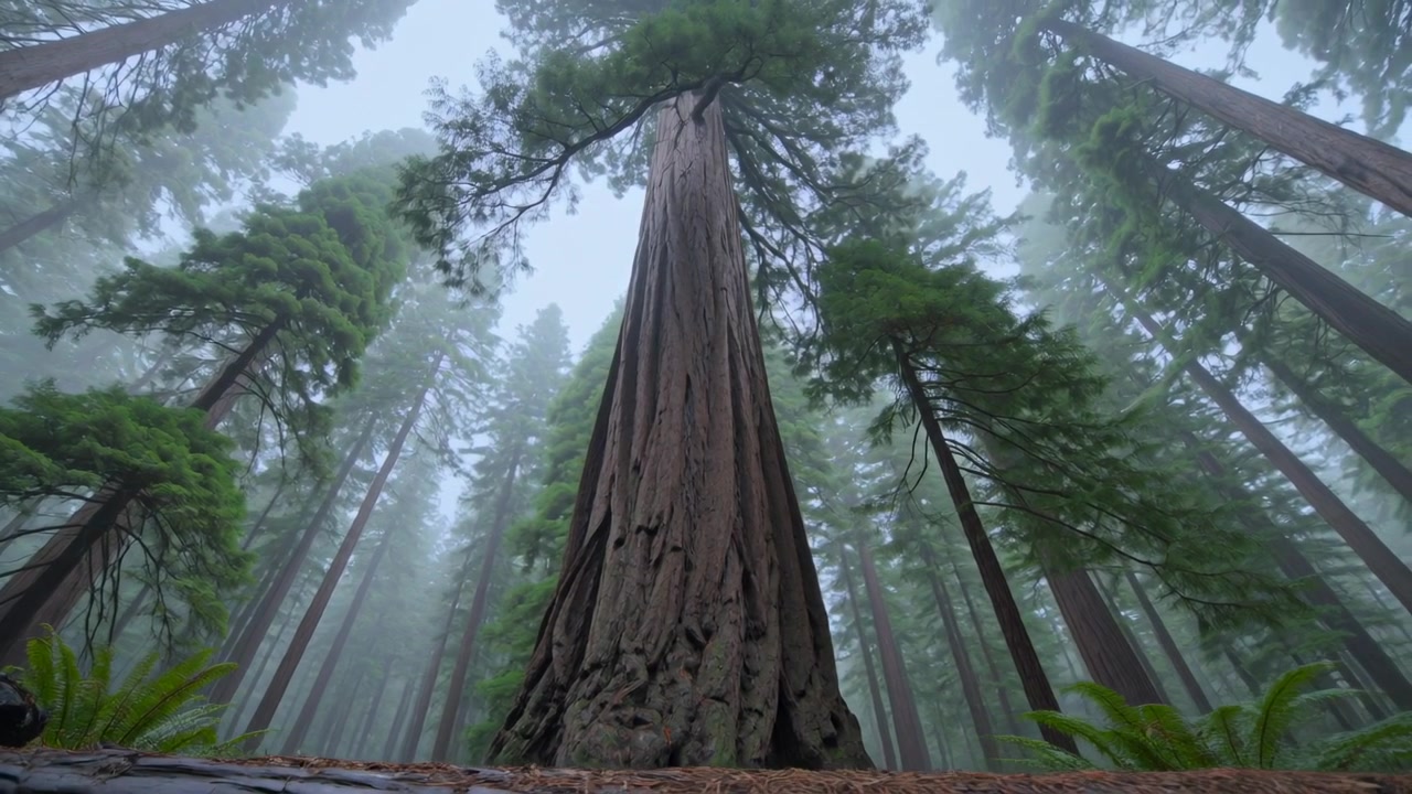 La telecamera, inquadrando dal basso, si allontana in un'antica foresta, mostrando tronchi di conifere, felci e nebbia, per dare un senso di scala.