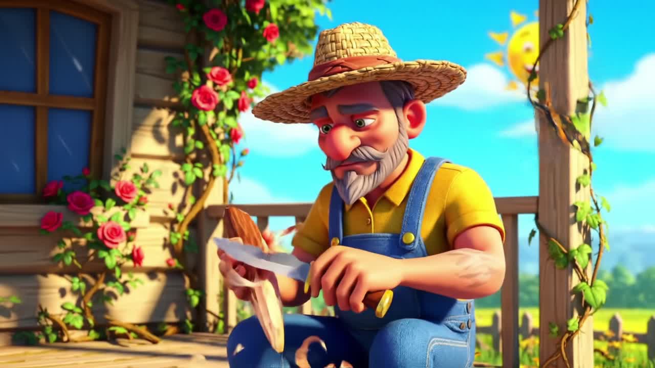 An Experienced Craftsman Focusing on Carving Wooden Sculptures in a Vibrant Garden Setting, Surrounded by Beautiful Flowers and Sunlight