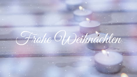 animation von frohe weihnachten und schnee, der über kerzen fällt.