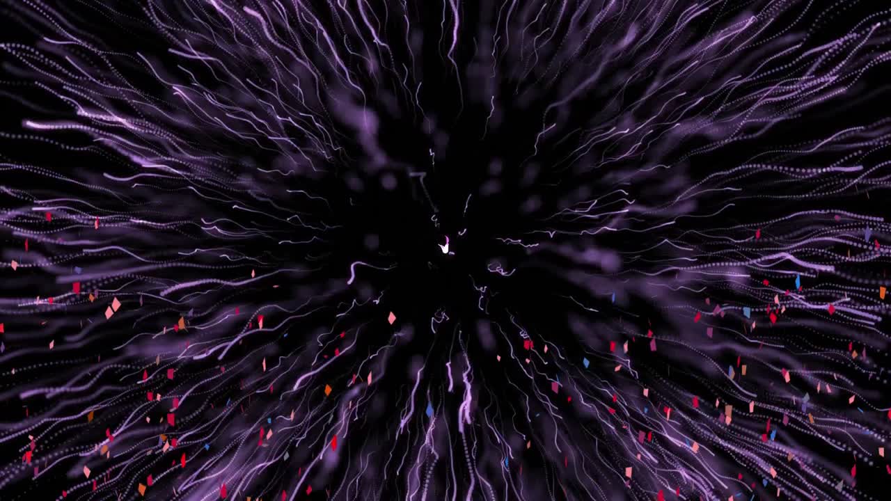 animación de confeti y senderos sobre fondo negro