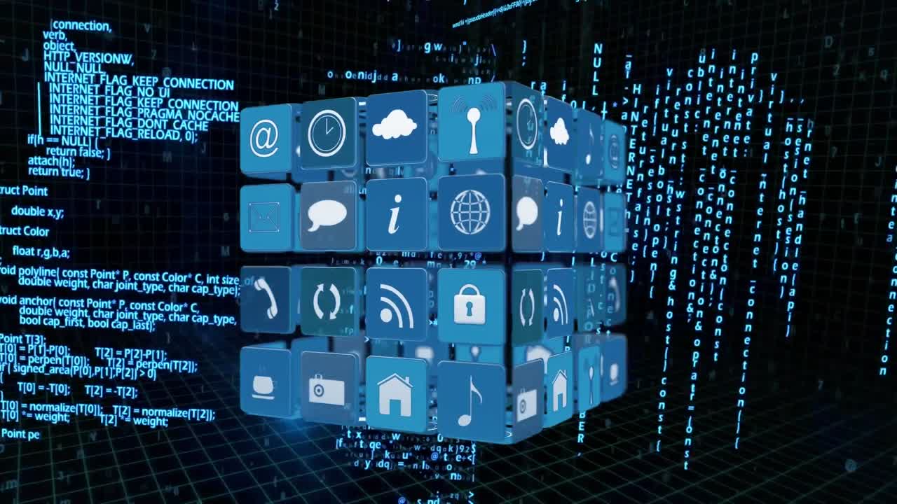 iconos en línea y de aplicaciones en cuadrados y códigos de programas