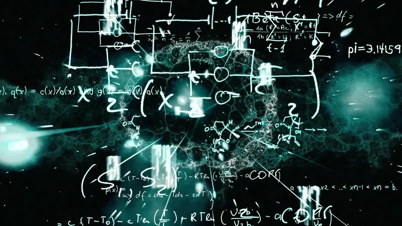animación de fórmulas matemáticas y formas que se mueven sobre un cerebro sobre un fondo negro