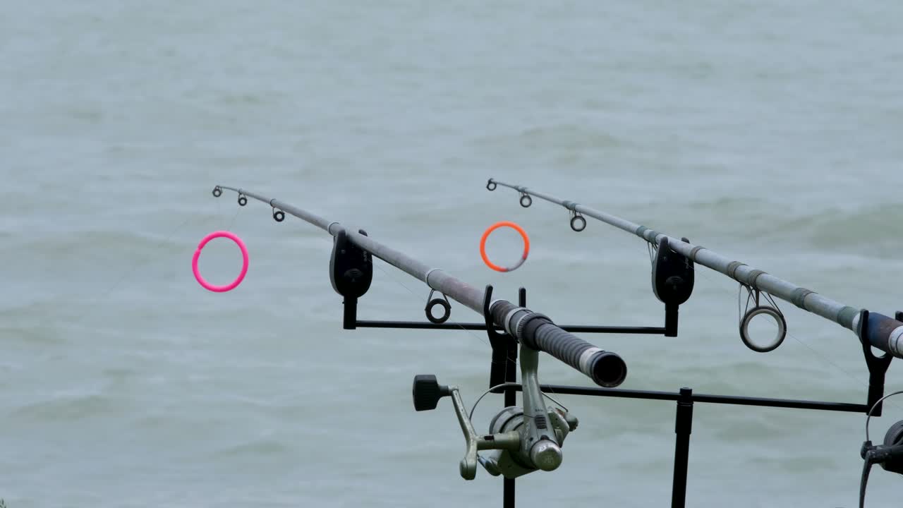 Bite indicator on the fishing rod moving at lake in cloudy and windy weather