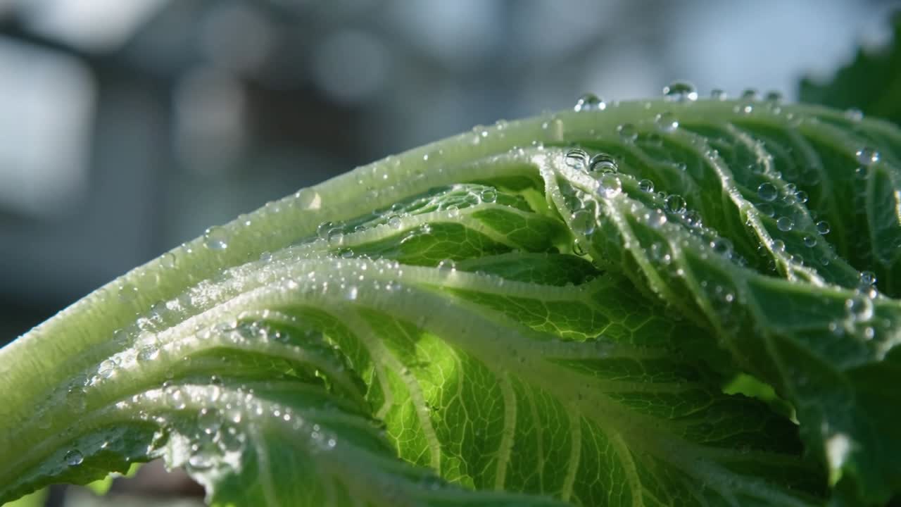 La luce del sole che si sposta, un grande ortaggio a foglia verde che rivela venature e goccioline d'acqua in serra.