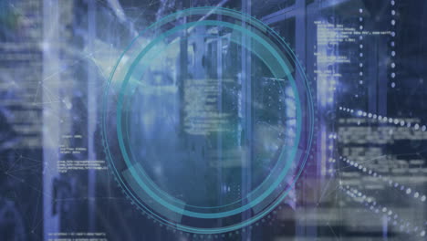 animation of cyber security text over round scanner, light spot, data processing against server room