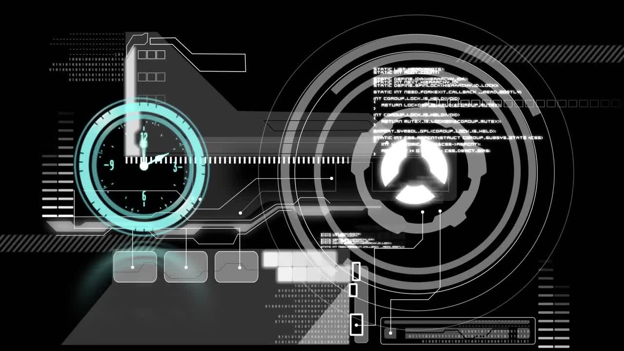 Animation of clock, scope scanning and data processing on digital screen