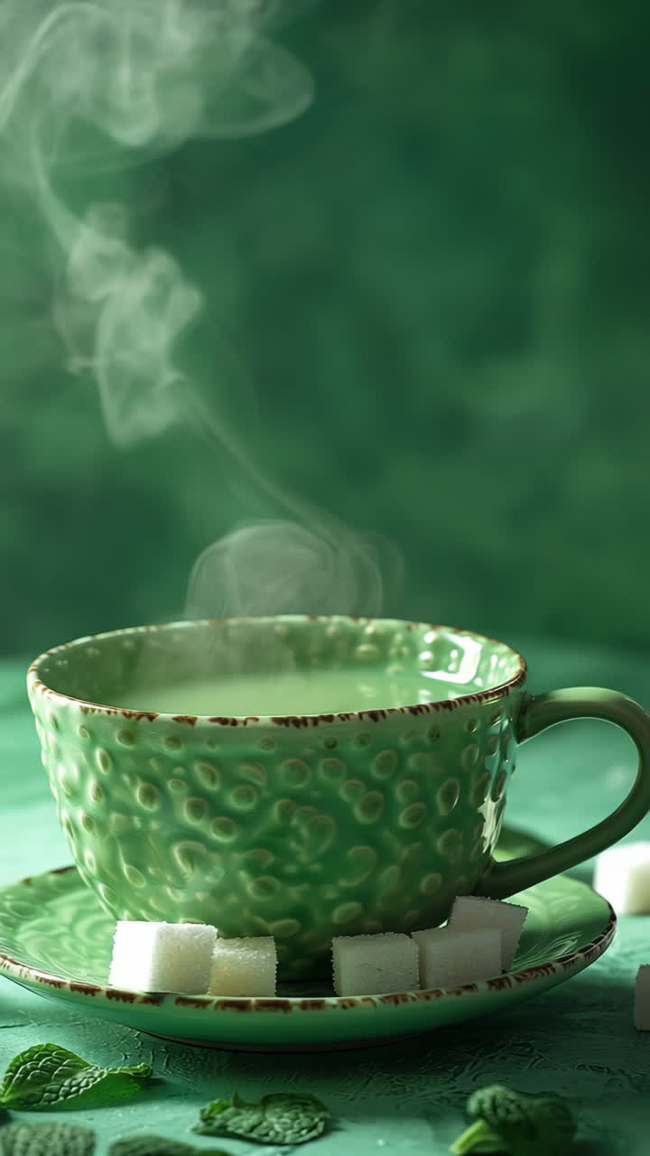 Warm cup of tea with steam rising. A green cup on a plate with steam and sugar cubes creates a cozy vibe against a green background.