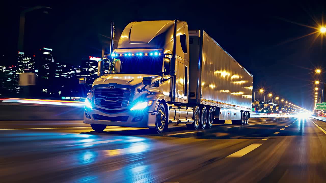 Moderno autoarticolato su un'autostrada di notte