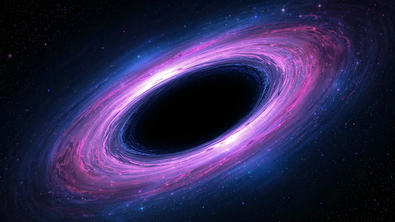 From first frame supermassive black hole event horizon rotating in space, accretion disk swirling