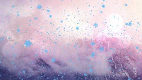 animación de copos de nieve azules que caen en las montañas contra las llamaradas de las lentes durante el tiempo de niebla